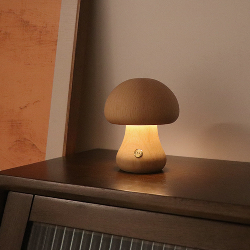 Wooden Mushroom LED Night Light with Touch Switch Bedside Table Lamp 