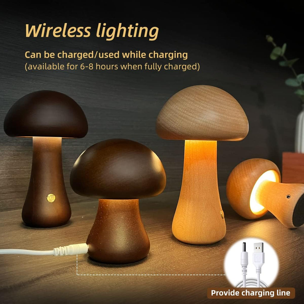 Wooden Mushroom LED Night Light with Touch Switch Bedside Table Lamp 