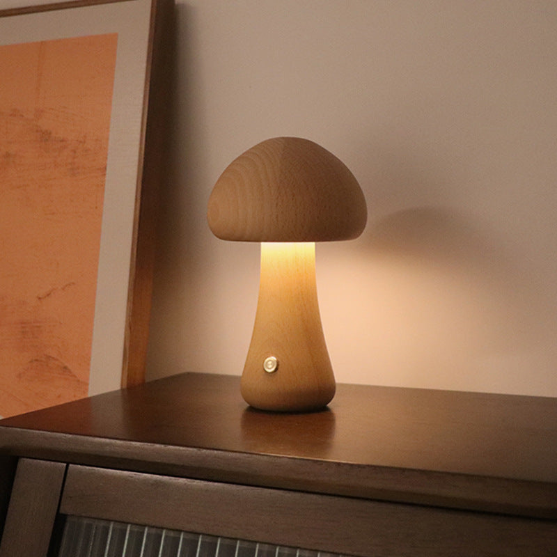 Wooden Mushroom LED Night Light with Touch Switch Bedside Table Lamp 