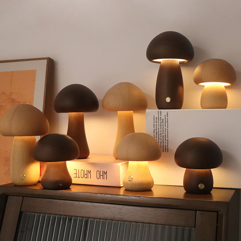 Wooden Mushroom LED Night Light with Touch Switch Bedside Table Lamp 