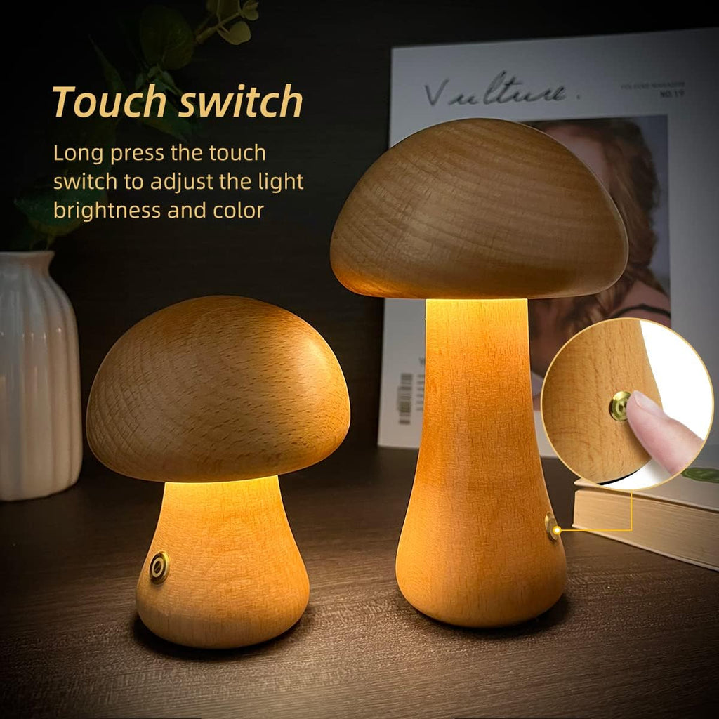Wooden Mushroom LED Night Light with Touch Switch Bedside Table Lamp 