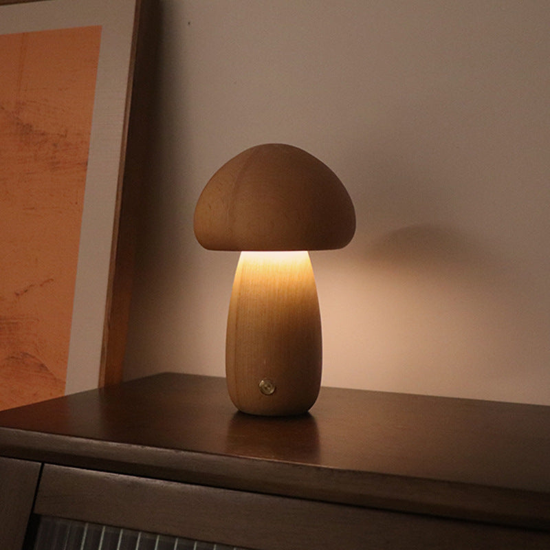 Wooden Mushroom LED Night Light with Touch Switch Bedside Table Lamp 